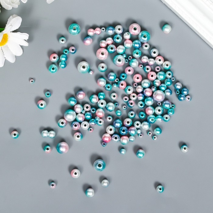 Бусины для творчества пластик "Круглые. Градиент. Русалка зелёно-голубая" d=3-8мм, н-р 10гр   745957