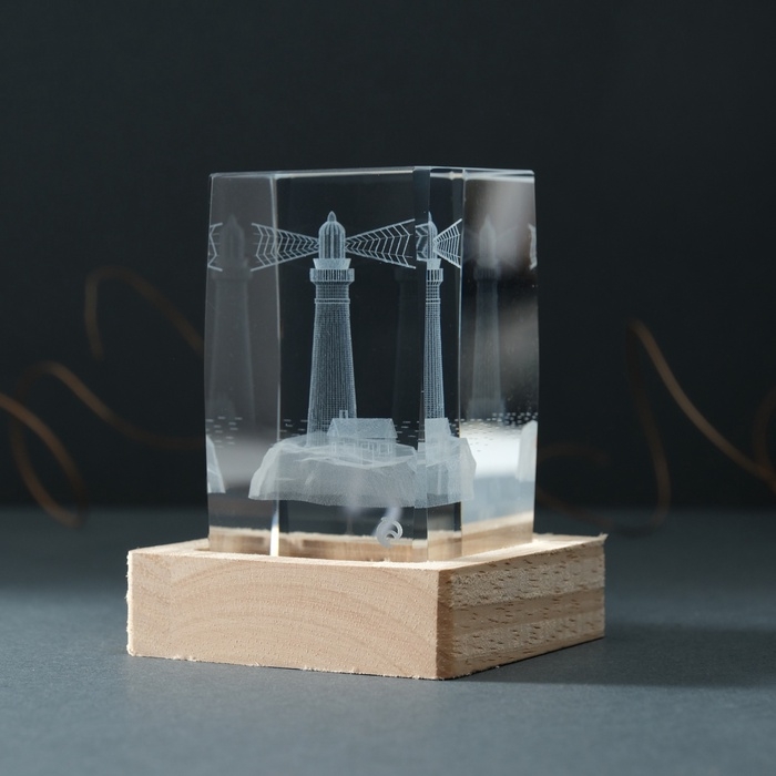 Сувенир стекло подсветка Сувенир стекло подсветка "Прямоугольник. Маяк" подставка дерево, USB 7х7х10