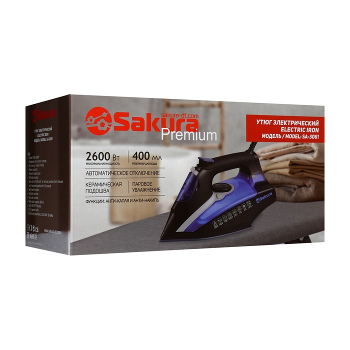 Утюг Sakura SA-3061CG Premium, 2600 Вт, керамическая подошва, 400 мл, серо-бирюзовый Утюг Sakura SA-3061CG Premium, 2600 Вт, керамическая подошва, 400 мл, серо-бирюзовый