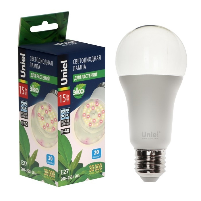 Фитолампа светодиодная Uniel, А60, Е27, 15 Вт, 250 В, 220&deg;, спектр для фотосинтеза