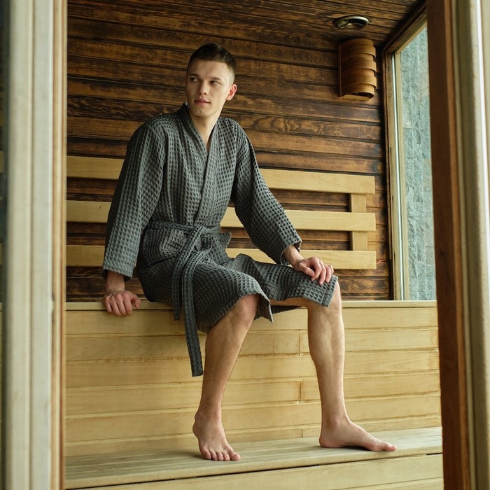 Халат вафельный мужской удлиненный Этель "Boho" размер 50-52, цвет светло-серый, 100% хлопок, 290 г/м2