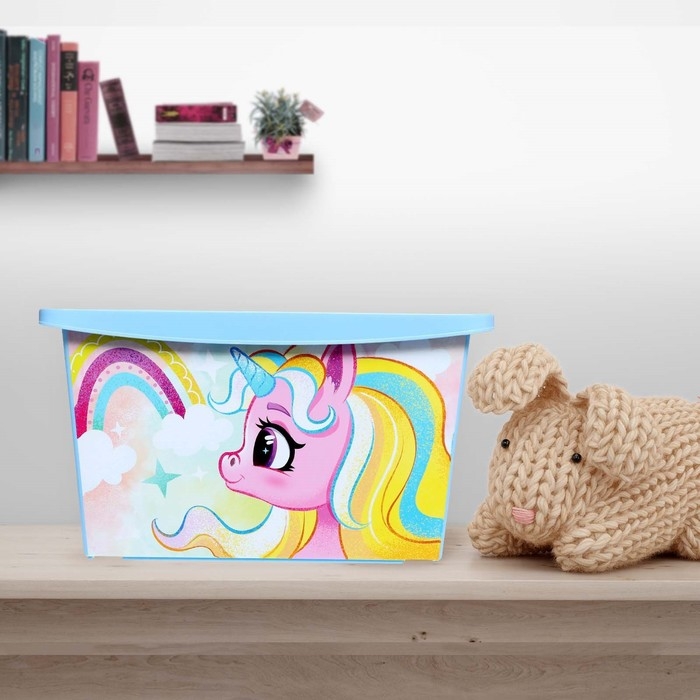 Ящик для игрушек с крышкой, «Радужные единорожки», объём 30 л, цвет светло-голубой Ящик для игрушек с крышкой, «Радужные единорожки», объём 30 л, цвет светло-голубой