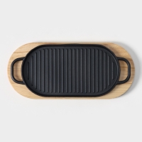 Сковорода чугунная &laquo;Овал. Гриль&raquo;, 37&times;16,5 см, с ручками, на деревянной подставке, чёрная