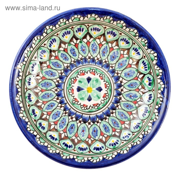 Тарелка Риштанская Керамика "Узоры", синяя, глубокая, микс,  20 см