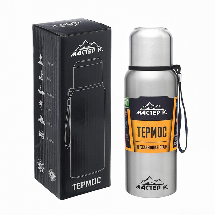 Термос, 600 мл, Путешествие Термос, 600 мл, Путешествие "Мастер К.", с кружкой, сохраняет тепло 24 ч, хром