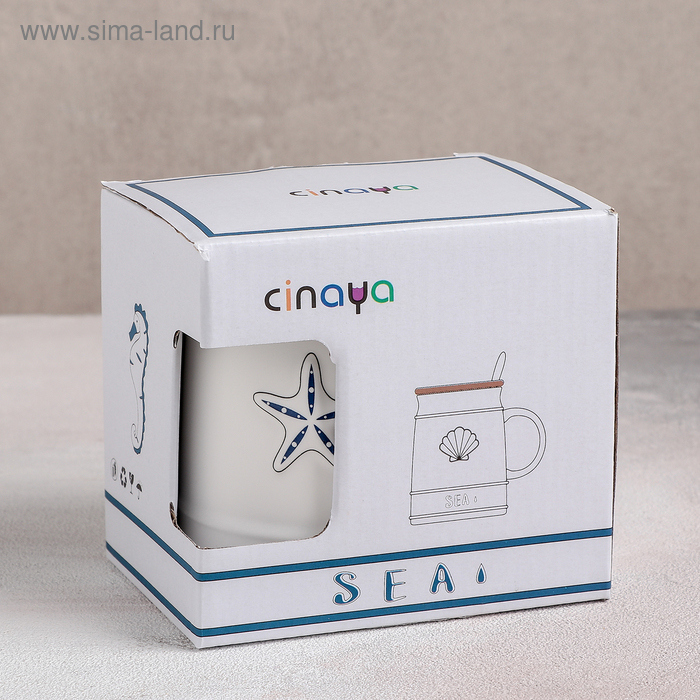Кружка керамическая с деревянной крышкой и ложкой &laquo;Морская&raquo;, 400 мл, рисунок МИКС