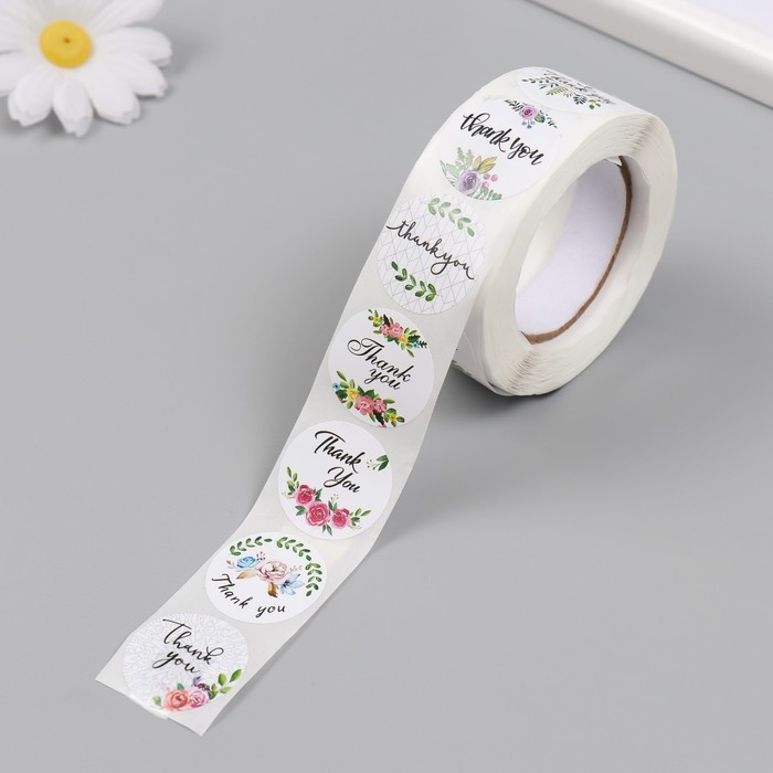 Наклейка бумага Наклейка бумага "Спасибо. Цветы" d=2,5 см 500 шт в рулоне 3х6,5х6,5 см