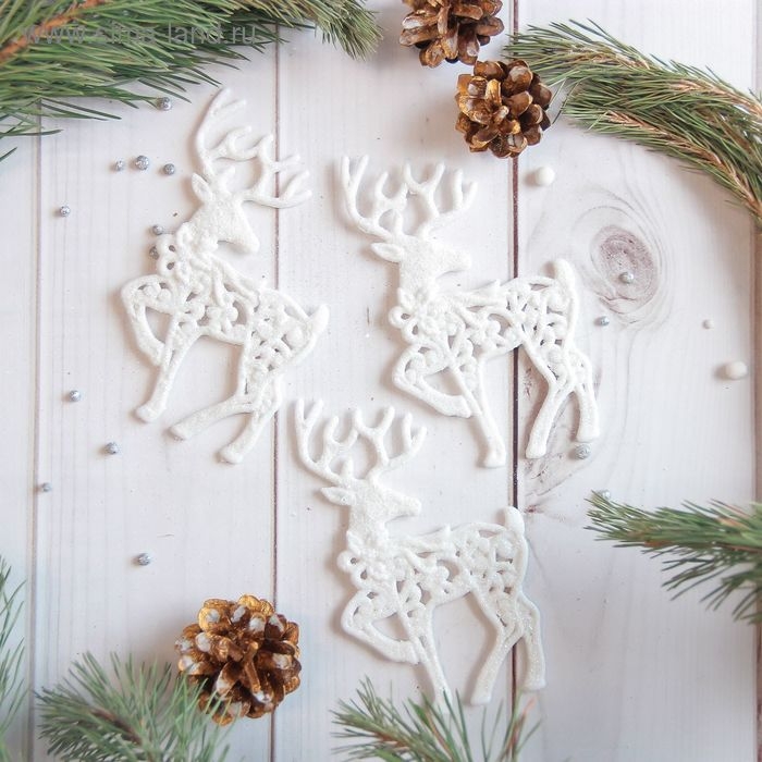 Ёлочные игрушки 3 шт. &laquo;Зимнее волшебство. Белый олень резной&raquo; пластик, 8х13 см