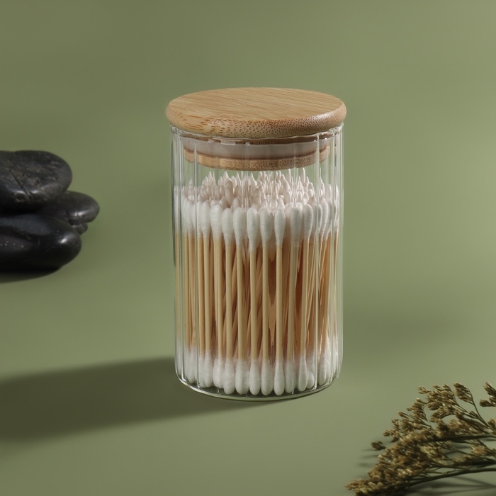 Органайзер для хранения ватных палочек &laquo;BAMBOO&raquo;, с крышкой, d6,5 &times; 10 см, в картонной коробке, цвет прозрачный/коричневый
