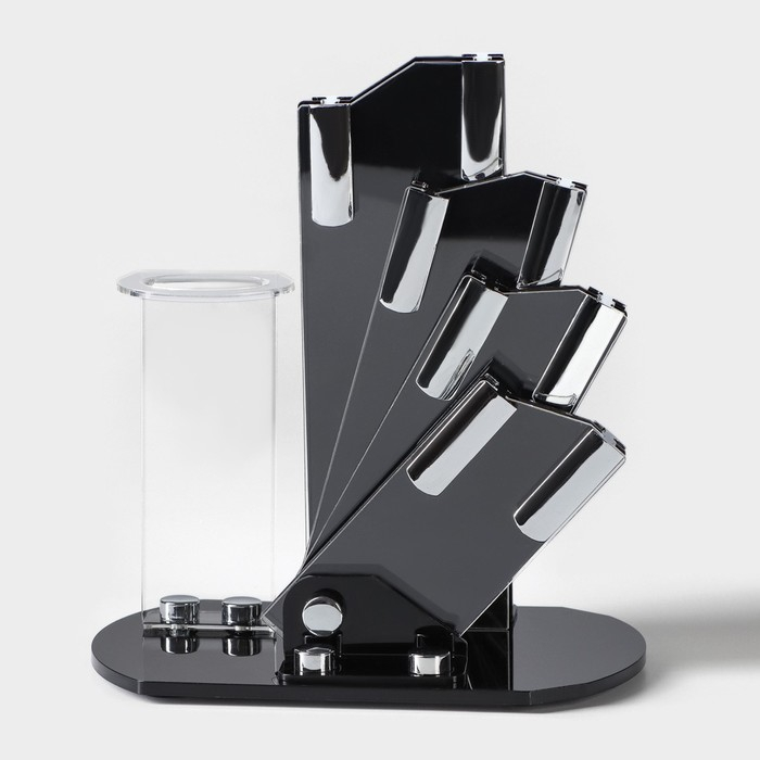 Набор кухонный на подставке Доляна &laquo;Симпл&raquo;, 5 предметов: ножи 7,5 см, 10,5 см, 13,5 см, 15 см, овощечистка, цвет чёрный