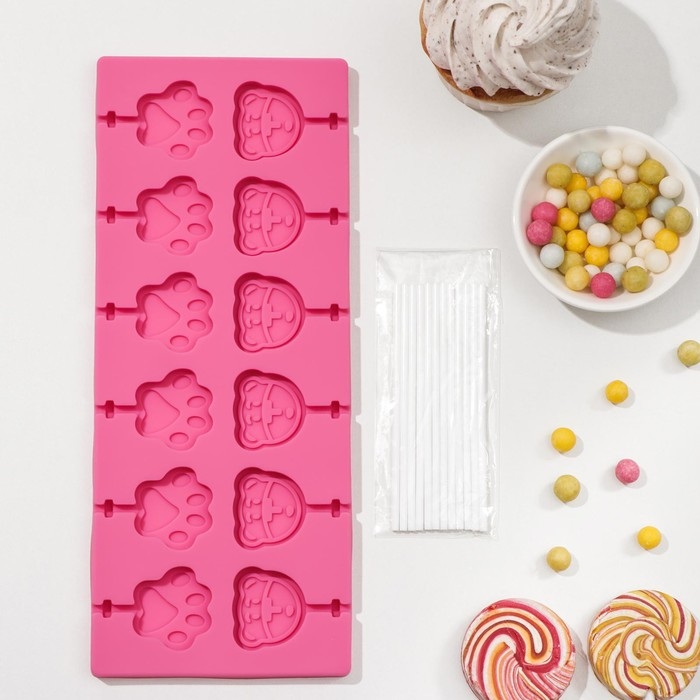 Форма для леденцов Доляна &laquo;Мишка&raquo;, силикон, 25&times;10,5&times;1 см, 12 ячеек (3&times;3,3 см), с палочками, цвет МИКС