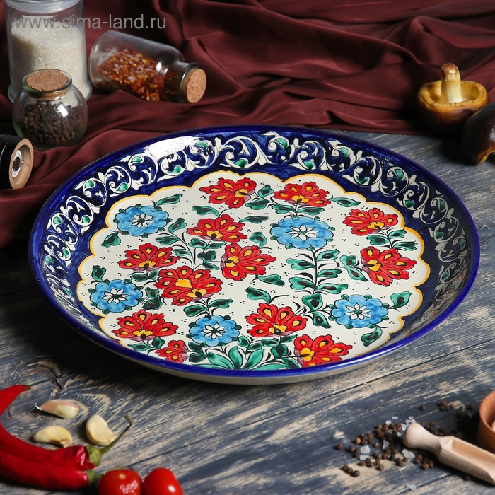 Ляган Риштанская Керамика Ляган Риштанская Керамика "Цветы", 37 см, синий