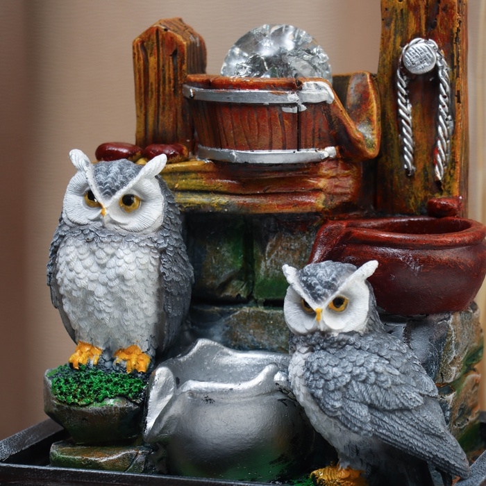 Фонтан Фонтан "Семья серых филинов на камнях" 28х21 см (с подсветкой)