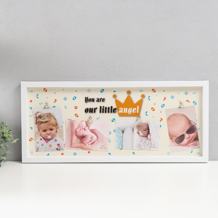 Фоторамка пластик на 4 фото 10х15 см Фоторамка пластик на 4 фото 10х15 см "Корона. Маленький ангел" с прищепками белая 64х27 см