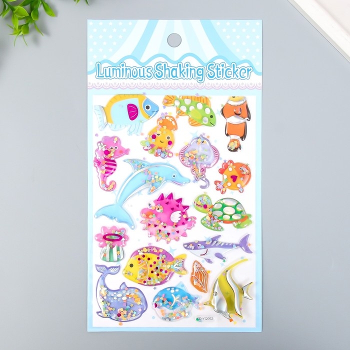 Наклейка пластик объёмные с глиттером "Динозавры/Рыбы" золото/серебро МИКС