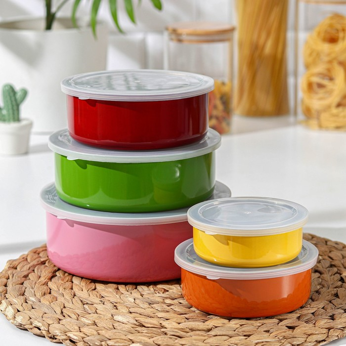 Набор салатников из нержавеющей стали «Радуга», 5 шт: d=18/16/14/12/10 см, с крышками, МИКС Набор салатников из нержавеющей стали «Радуга», 5 шт: d=18/16/14/12/10 см, с крышками, МИКС