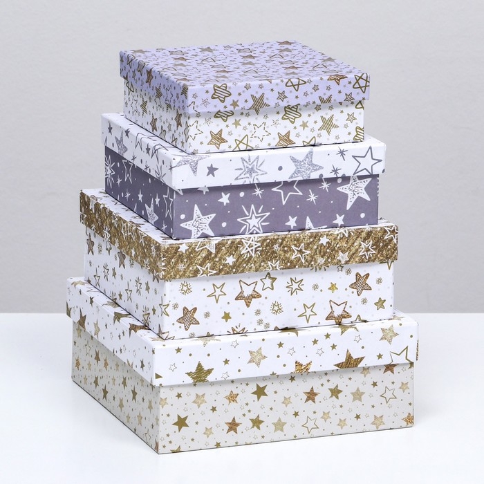 Набор коробок квадратных, 4 в 1 "Звёзды", 20 х 20 х 8 см- 14 х 14 х 5 см