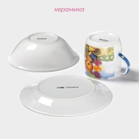 Набор детской посуды из керамики Доляна «Мишка на велосипеде», 3 предмета: кружка 230 мл, миска 400 мл, тарелка d=18 см Набор детской посуды из керамики Доляна «Мишка на велосипеде», 3 предмета: кружка 230 мл, миска 400 мл, тарелка d=18 см