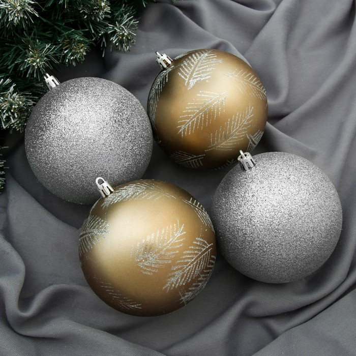 Набор шаров пластик d-10 см, 4 шт "Зимняя листва" серебро золото
