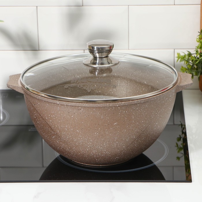 Казан &laquo;Гранит Brown&raquo;, 6 л, стеклянная крышка, литые ручки, антипригарное покрытие, цвет коричневый