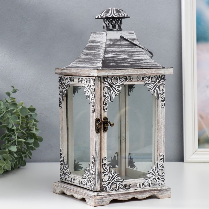 Подсвечник дерево Подсвечник дерево "Фонарь узоры в уголках" состаренный н-р 2 шт 34,5х15,5х15,5 53х25х25 см