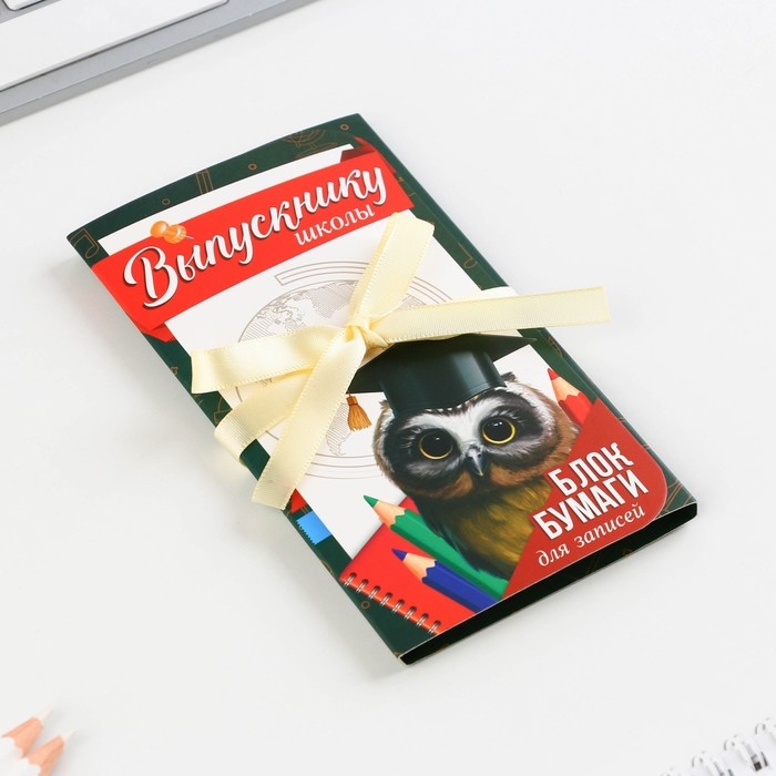 Блок бумаги для записей с липким слоем на выпускной &laquo;Выпускнику школы&raquo; в открытке с лентой, 30 листов