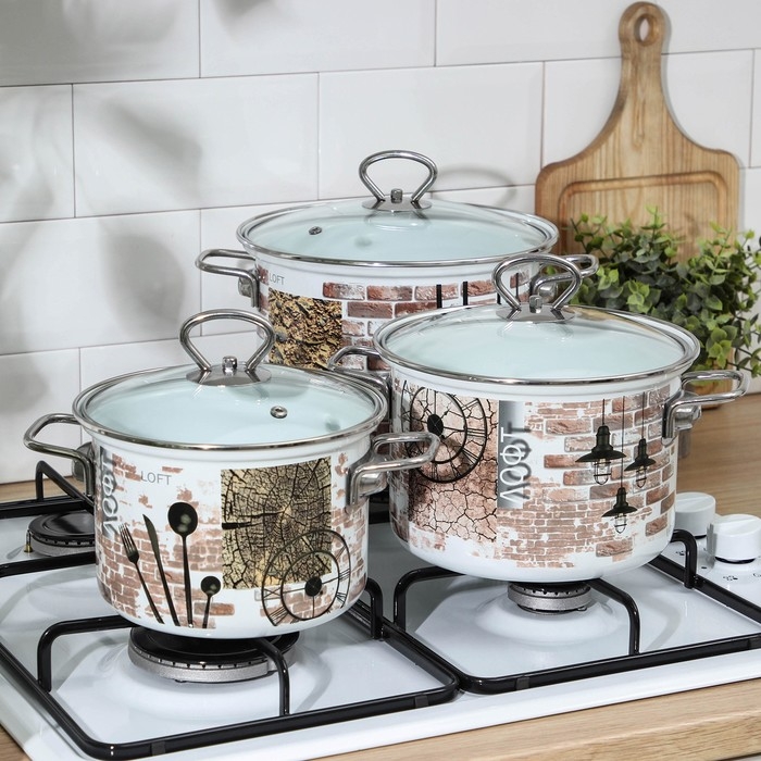 Набор кастрюль &laquo;Лофт-5-1-Элит&raquo;, 3 предмета: 2,4 л, 3,4 л, 5 л, стеклянные крышки, индукция