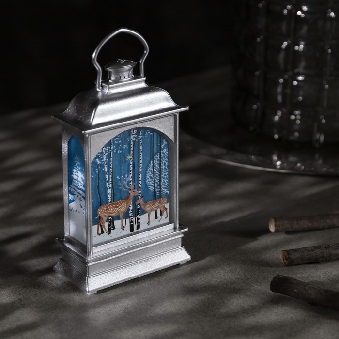 Светодиодная фигура &laquo;Серебристый фонарь с оленями&raquo; 7 &times; 13 &times; 3.5 см, пластик, батарейки AG13х3 (в комплекте), свечение тёплое белое
