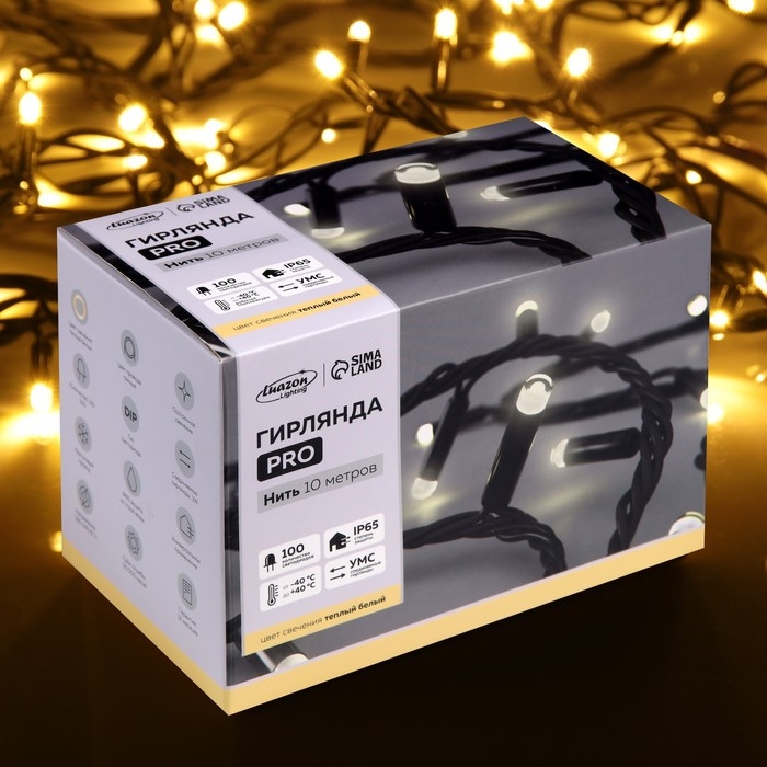 Гирлянда «Нить» 10 м, IP65, УМС, тёмная каучуковая нить, 100 LED, свечение тёплое белое, 220 В Гирлянда «Нить» 10 м, IP65, УМС, тёмная каучуковая нить, 100 LED, свечение тёплое белое, 220 В