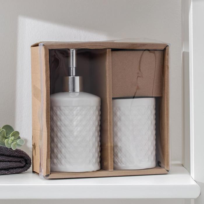 Набор аксессуаров для ванной комнаты &laquo;Бусы&raquo;, 2 предмета (дозатор для мыла, стакан), цвет белый