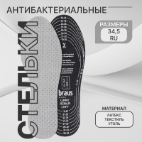 Стельки для обуви, антибактериальные, дышащие, универсальные, р-р RU до 34,5 (р-р Пр-ля до 35), 23 см, пара, цвет серый Стельки для обуви, антибактериальные, дышащие, универсальные, р-р RU до 34,5 (р-р Пр-ля до 35), 23 см, пара, цвет серый