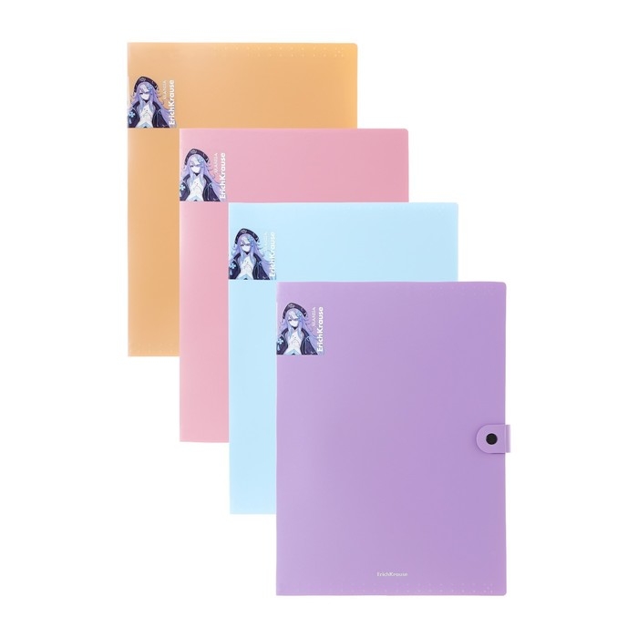 Папка-картотека, А4, 4 отделения, 600 мкм, ErichKrause "Matt Manga", на кнопке, тиснение "песок", микс