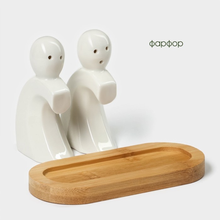 Набор фарфоровый для специй на бамбуковой подставке BellaTenero &laquo;Влюбленность&raquo;, 2 предмета: солонка 40 мл, перечница 40 мл, цвет белый