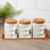 Банки для хранения сыпучих продуктов на деревянной подставке &laquo;Эстет. Волны&raquo;, 3 предмета: 900 мл, 12&times;14,5 см, керамические, цвет белый
