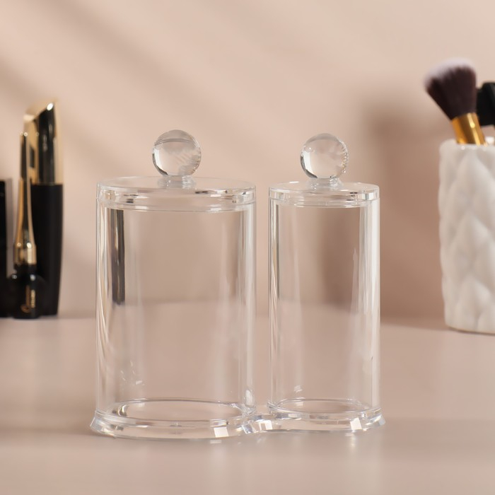 Органайзер для хранения ватных палочек и дисков, с крышкой, 2 секции, 12,5 &times; 7,3 &times; 13,5 см, в картонной коробке, цвет прозрачный