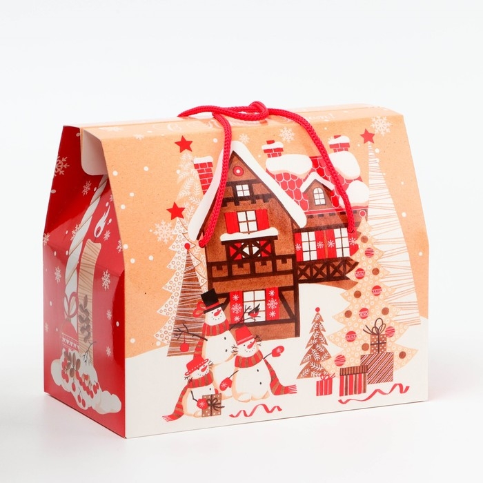 Новый год. Подарочная коробка Новогодняя Коробка-Кейс с веревочными ручками Новый год. Подарочная коробка Новогодняя Коробка-Кейс с веревочными ручками "Елочки" 20,5 х 12 х 17 см.