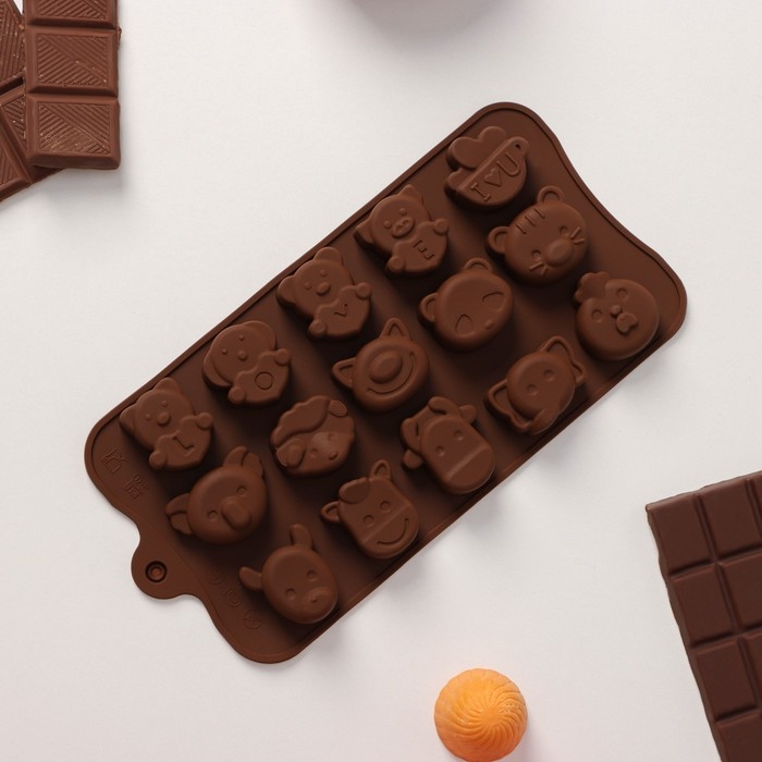 Форма для конфет и шоколада Доляна &laquo;Животные. Любовь&raquo;, силикон, 20,6&times;10,5&times;1,4 см, 15 ячеек, цвет коричневый