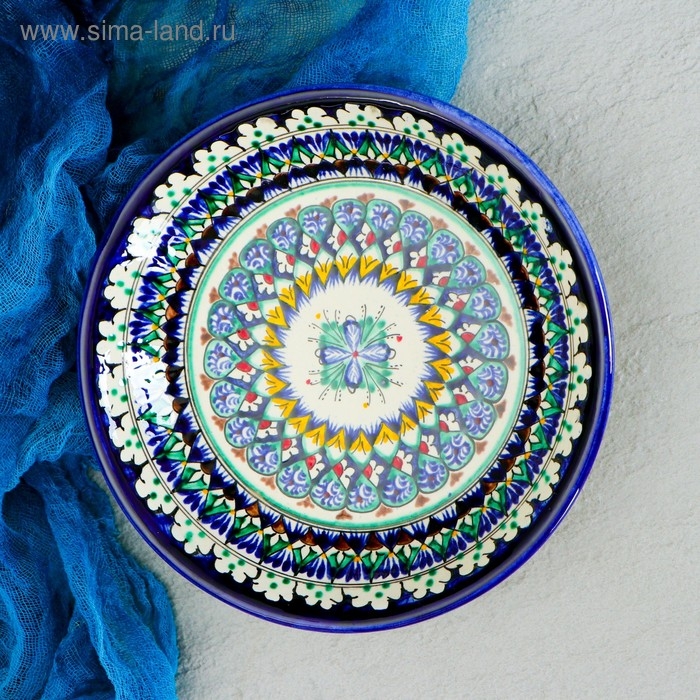 Тарелка Риштанская Керамика "Узоры", синяя, глубокая, 20 см