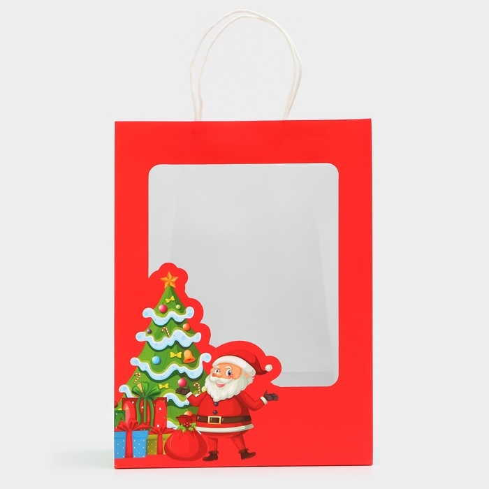 Пакет подарочный новогодний с окном "Дед Мороз" 30 х 22 х 14 см.