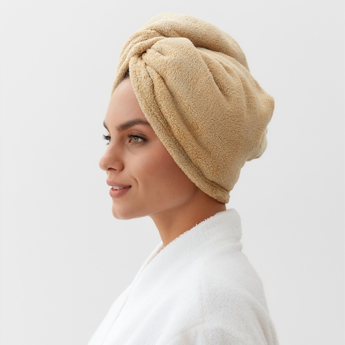 Полотенце-чалма для сушки волос Этель "Милашка", цвет коричневый, 65х25 см, 100% п/э