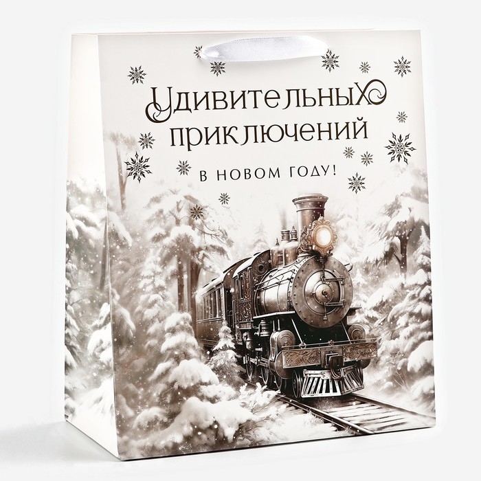 Пакет подарочный новогодний ламинированный &laquo;Зимний лес&raquo;, поезд, тиснение, ML 23 х 27 х 11.5 см , Новый год