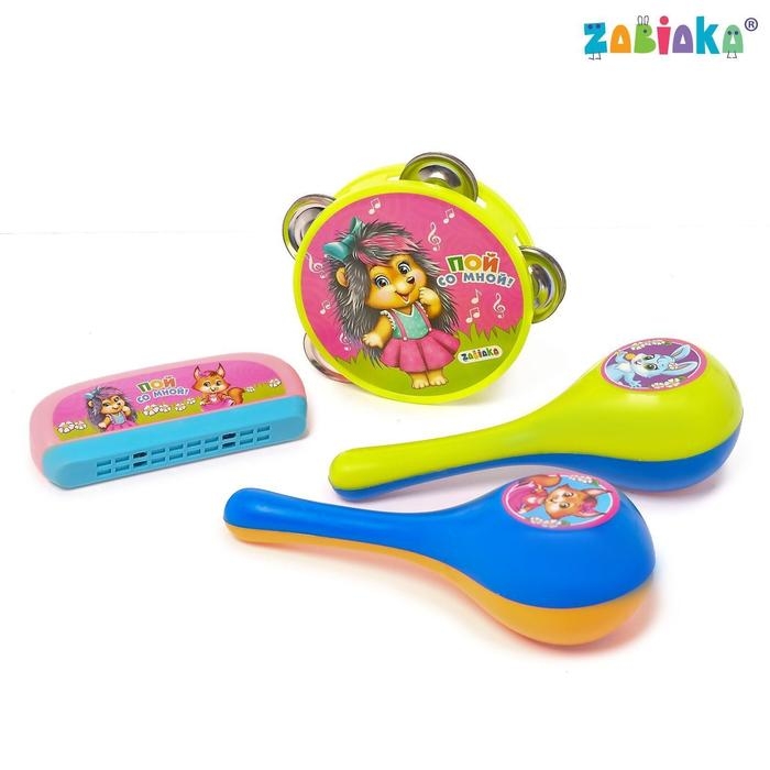 Набор музыкальных инструментов &laquo;Пой со мной&raquo;: бубен, 2 маракаса, губная гармошка, МИКС
