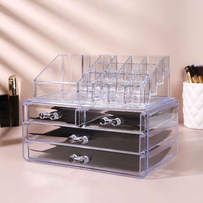 Бокс для хранения маникюрных/косметических принадлежностей, 20 секций, 23,5 &times; 14,5 &times; 19 см, 4 выдвижных ящика, цвет прозрачный