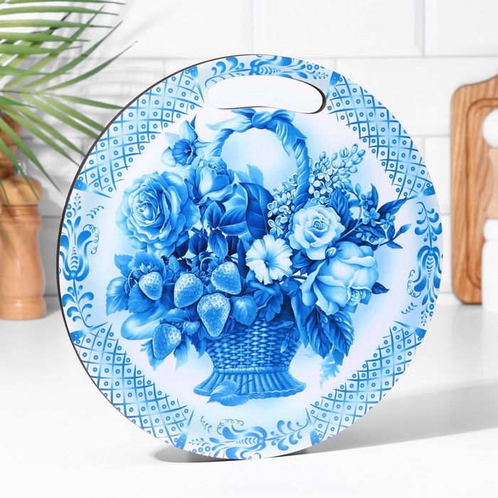 Доска разделочная и сервировочная круглая кухонная Доска разделочная и сервировочная круглая кухонная "Гжельская роспись", 25,5 см