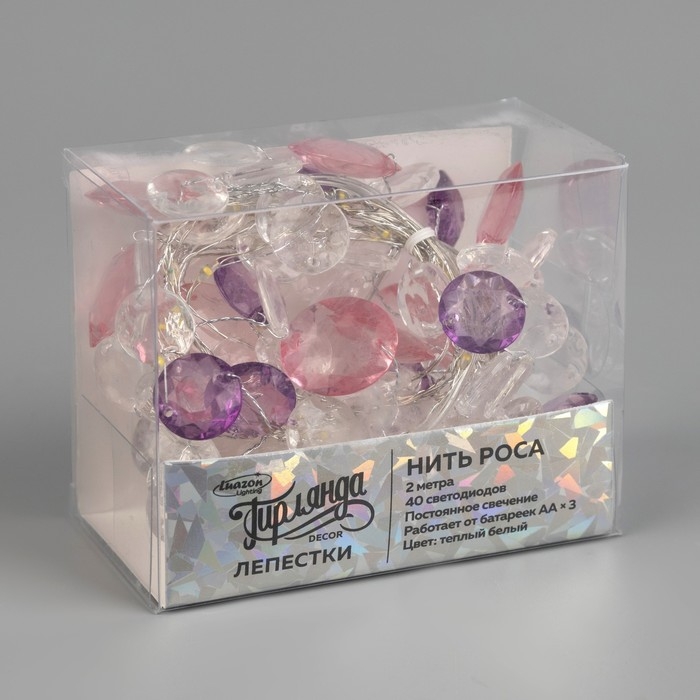 Гирлянда «Нить» 2 м роса с насадками «Лепестки», IP20, серебристая нить, 40 LED, свечение тёплое белое, ААх3 Гирлянда «Нить» 2 м роса с насадками «Лепестки», IP20, серебристая нить, 40 LED, свечение тёплое белое, ААх3