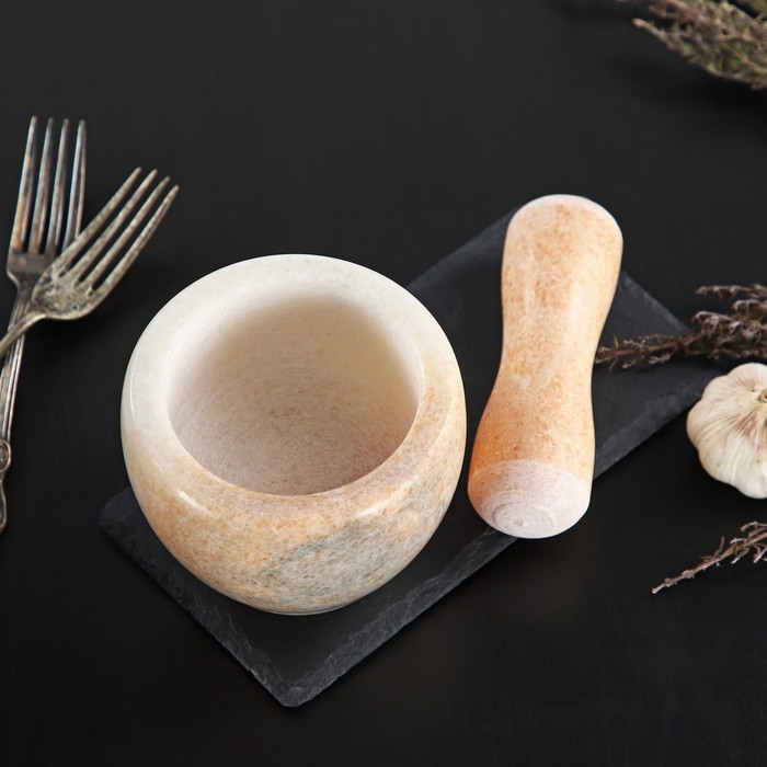 Ступка с пестиком из камня Доляна &laquo;Мрамор&raquo;, 10&times;8 см, цвет бежевый