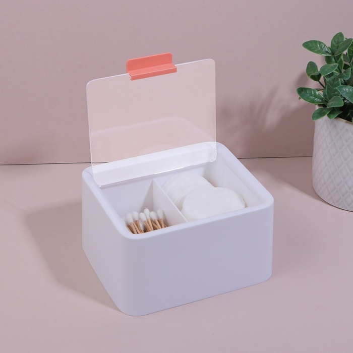 Органайзер для ватных палочек и дисков, с крышкой, 2 секции, 14,5 × 13 × 8 см, цвет белый/прозрачный Органайзер для ватных палочек и дисков, с крышкой, 2 секции, 14,5 × 13 × 8 см, цвет белый/прозрачный