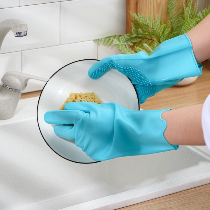 Перчатки хозяйственные Доляна, 28&times;14 см, силиконовые, цвет бирюзовый