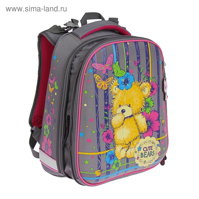 Рюкзак каркасный школьный 36 х 28 х 16 см, эргономичная спинка, Stavia "Мишка", серый