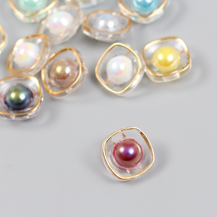 Пуговица пластик для творчества "Жемчужина в золотом квадрате" н-р 12 шт МИКС 1,4х1,4х0,8 см   94108